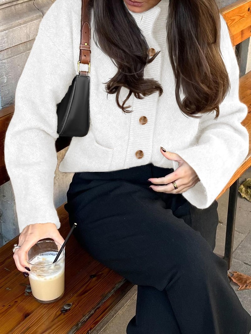 Cicy Bell Womens Chunky Knit Cardigan Sweaters Button Down Mock Neck Open Front Jacket Winter Casual Outerwear with Pockets White - Image 3