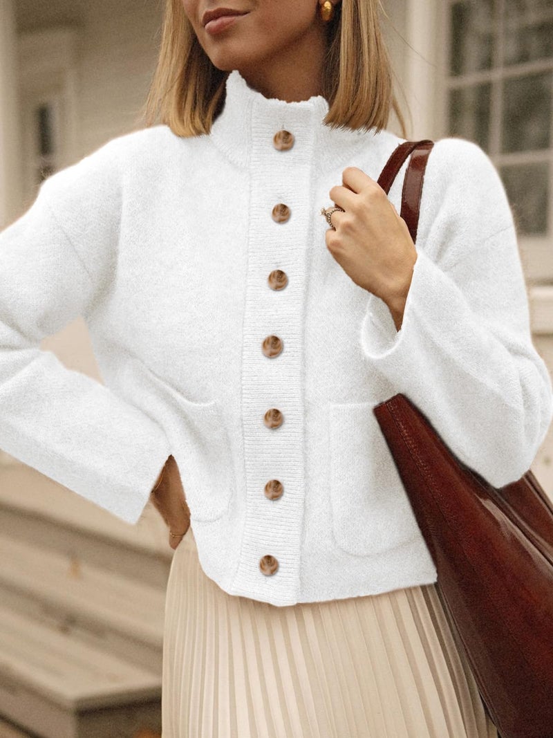 Cicy Bell Womens Chunky Knit Cardigan Sweaters Button Down Mock Neck Open Front Jacket Winter Casual Outerwear with Pockets White - Image 2