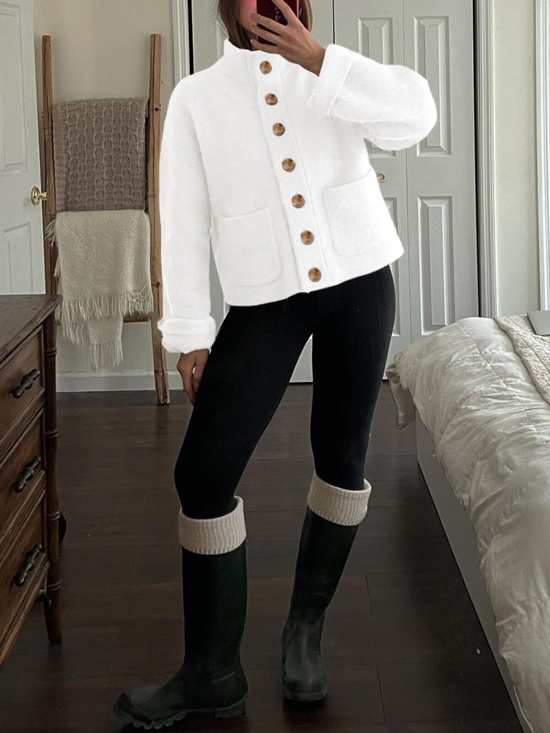 Cicy Bell Womens Chunky Knit Cardigan Sweaters Button Down Mock Neck Open Front Jacket Winter Casual Outerwear with Pockets White - Image 4