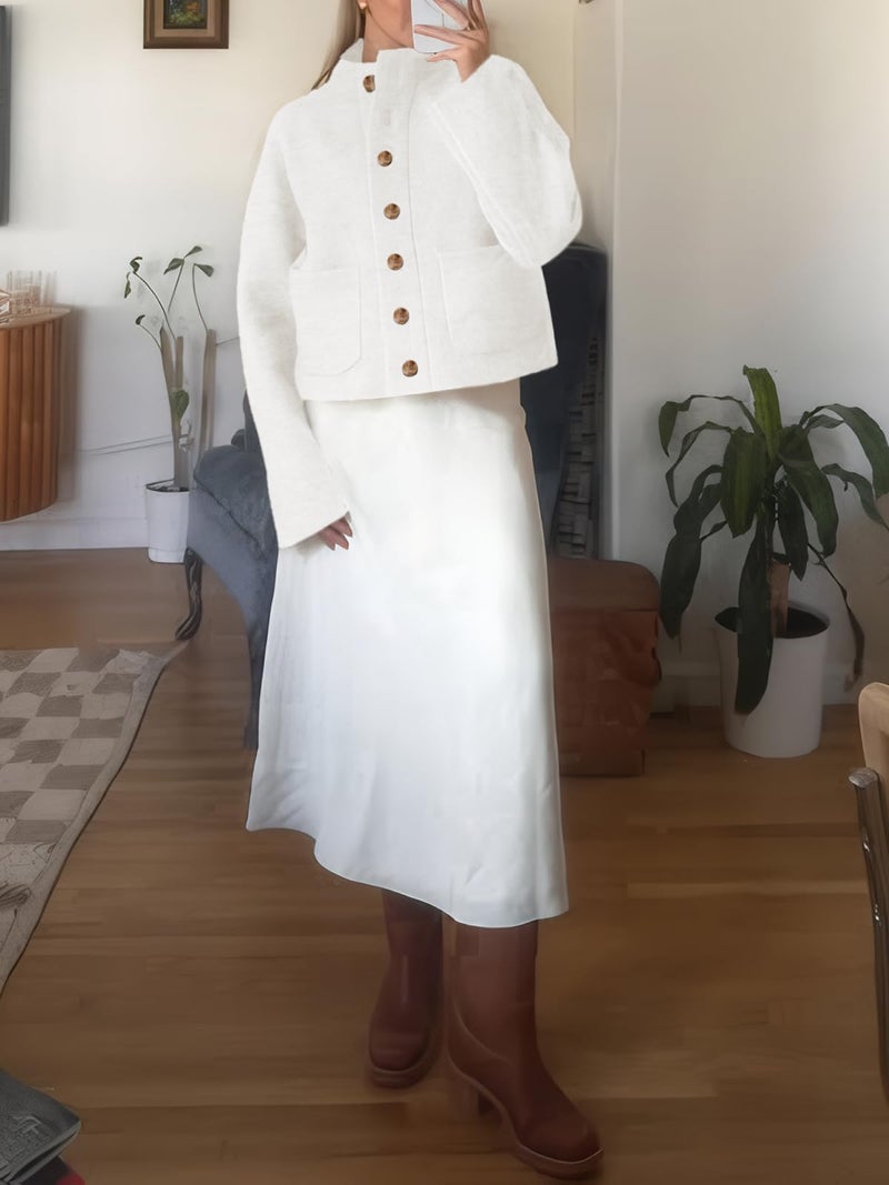 Cicy Bell Womens Chunky Knit Cardigan Sweaters Button Down Mock Neck Open Front Jacket Winter Casual Outerwear with Pockets White - Image 5