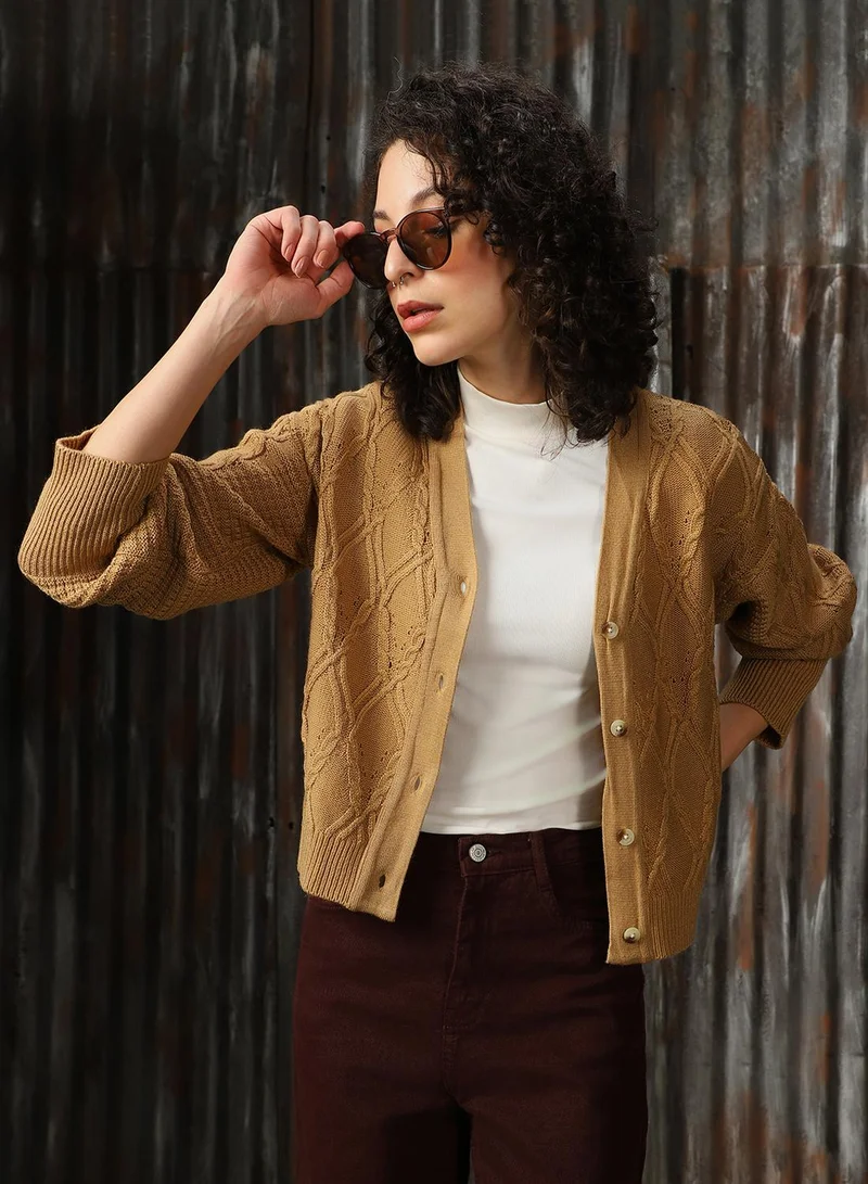 HIGH STAR Women's Beige 100% Acrylic Solid Regular Fit Sweater