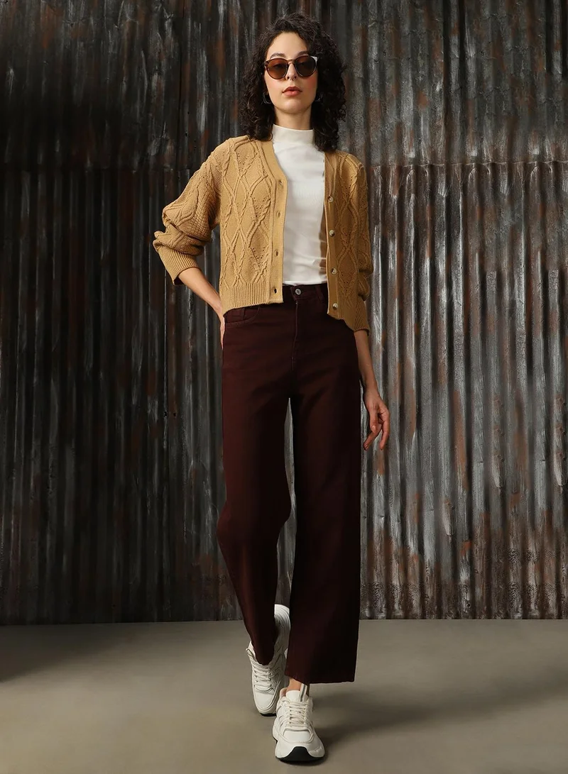 HIGH STAR Women's Beige 100% Acrylic Solid Regular Fit Sweater