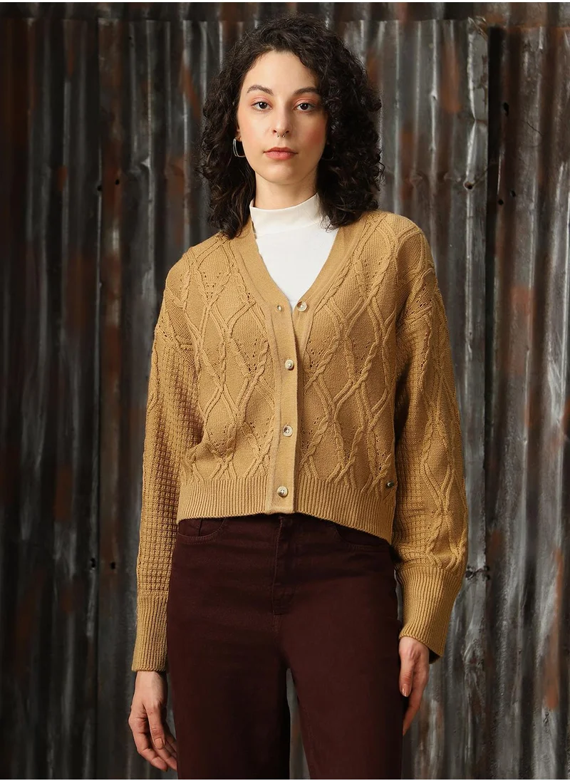 HIGH STAR Women's Beige 100% Acrylic Solid Regular Fit Sweater
