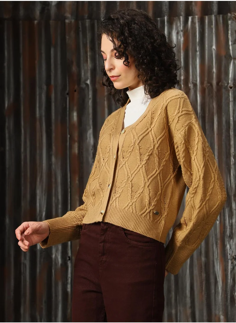 HIGH STAR Women's Beige 100% Acrylic Solid Regular Fit Sweater
