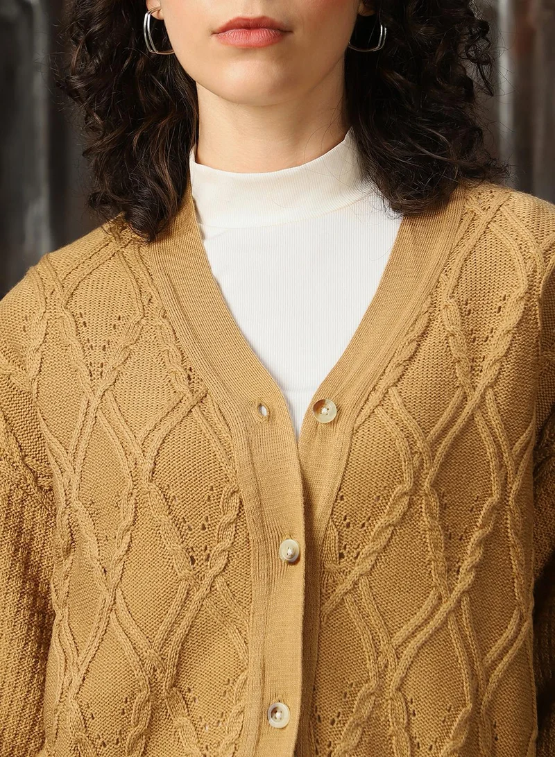 HIGH STAR Women's Beige 100% Acrylic Solid Regular Fit Sweater