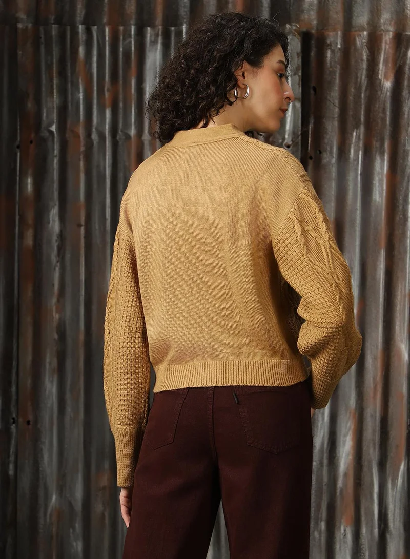 HIGH STAR Women's Beige 100% Acrylic Solid Regular Fit Sweater