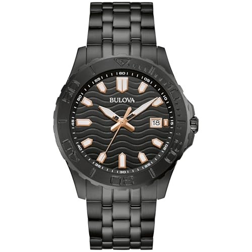 Bulova Mens Sport Watch Black Stainless Steel Bracelet Rose Gold Accents Luminous Markers Black Dial 42mm Case Style 98B438 - Image 1