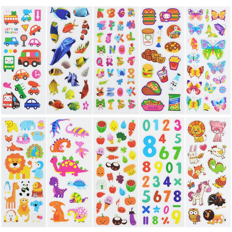 DaiUni 24 Sheets(500+) 3D Puffy Stickers for Toddlers Kids, Bulk Preschool Sticker Sheets for Reward, Craft, Scrapbooking Including Animal, Fruits, Dinosaurs, Fish and More - Image 2