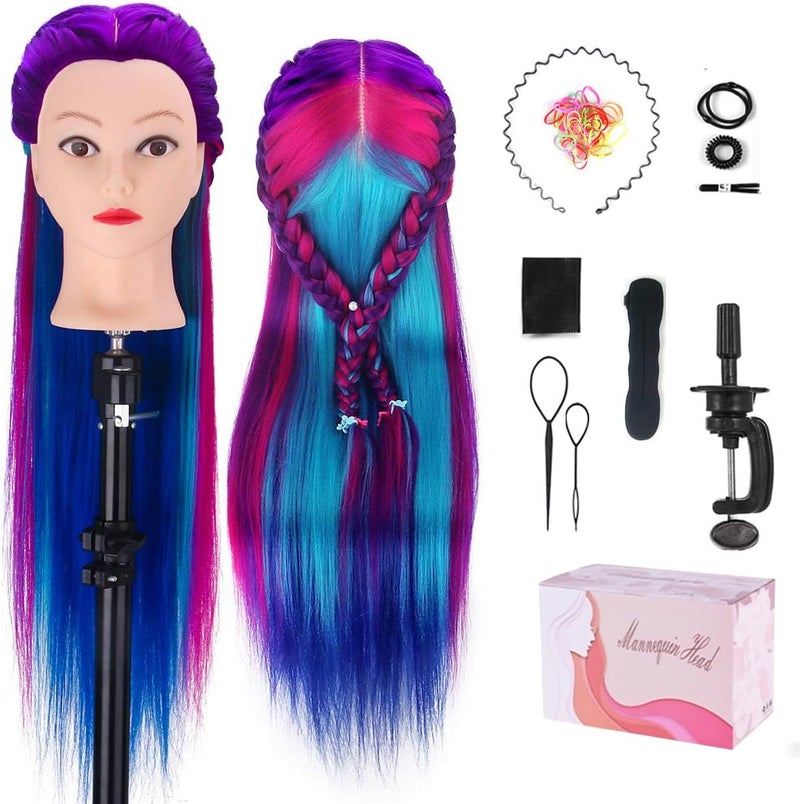 MYSWEETY Mannequin Head with Hair, 28" Mannequin Head Hair Styling Training Head Manikin Cosmetology Doll Head Synthetic Fiber Hair with Table Clamp & Braiding Kit purple - Image 1