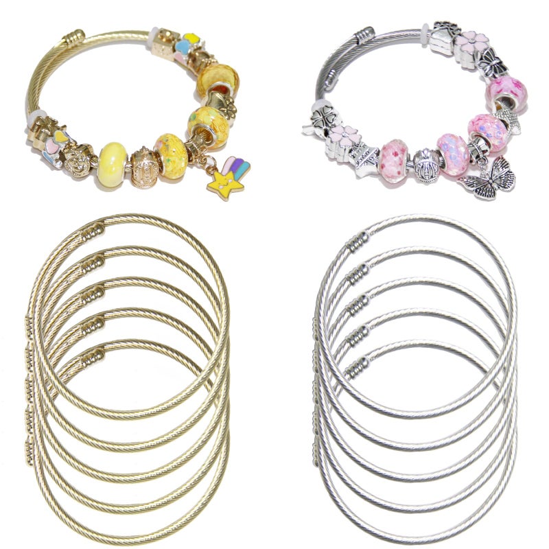 Exway 10 Pcs Elastic charm Bracelet chain Stainless Steel Cable Wire Twisted Cuff Bangle Bracelet Gold And Sliver charm Bracelets Kit for Crafts DIY Women Jewelry Making - Image 1
