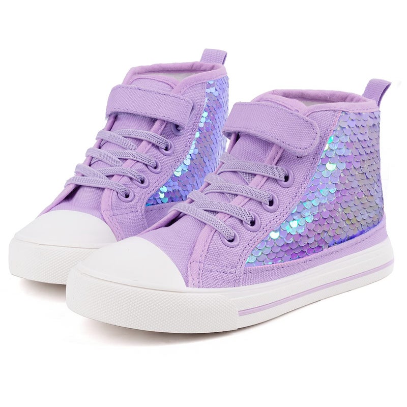 Toandon Girls Kids Canvas Shoes Sneakers for Color Change Flipping Sequins Glitter Sparkle Glimmer High Top Adjustable Hook Loop Straps Velcro Non Slip Lightweight Walking Purple Size 1