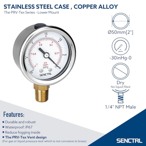 SENCTRL 30inHg Vacuum Pressure Gauge, 2" Dial, 1/4 NPT Lower Mount, Waterproof, Stainless Steel Case, for Tube Tester, HVAC, Pneumatic Air Compressor, Hand Pump, Valve Test - Image 2