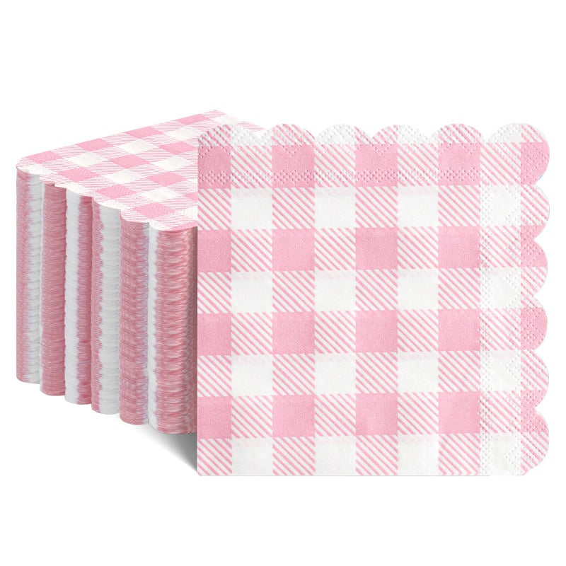 Xiangqu 120 Pcs Pink Gingham Napkins  Pink Baby Shower Napkins Scalloped Cocktail Napkins Disposable Pink Checkered Napkin Plaid Napkins for Valentines  Baby Shower  Tea Party  Picnic  5 x 5 Inches - Image 1