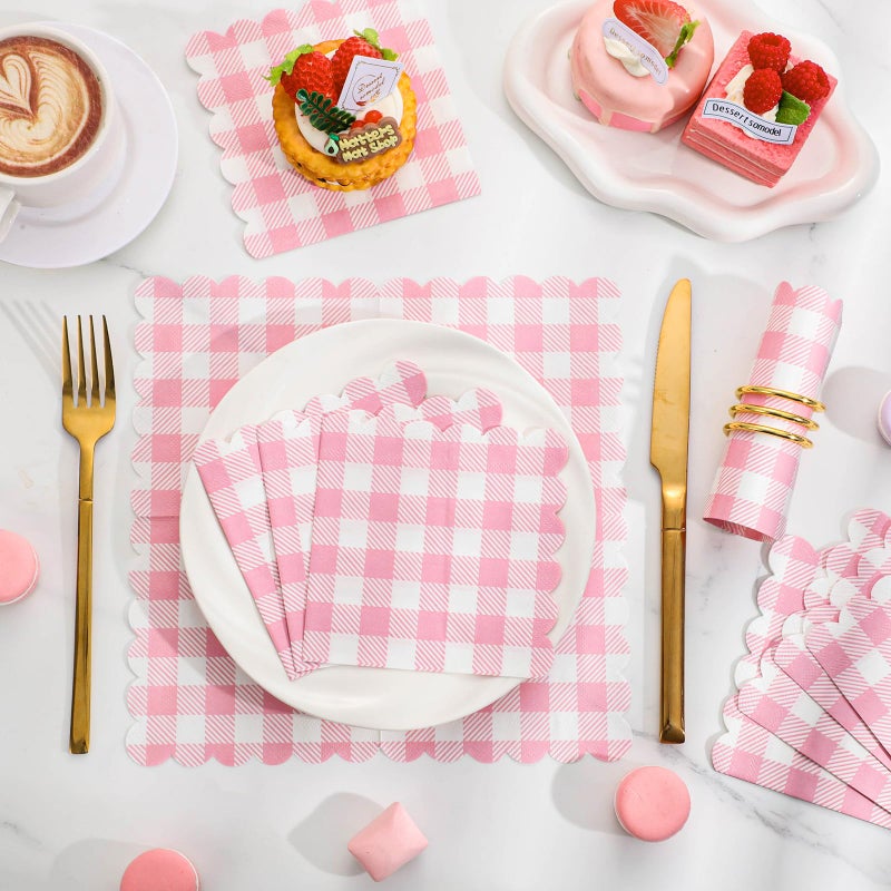 Xiangqu 120 Pcs Pink Gingham Napkins  Pink Baby Shower Napkins Scalloped Cocktail Napkins Disposable Pink Checkered Napkin Plaid Napkins for Valentines  Baby Shower  Tea Party  Picnic  5 x 5 Inches - Image 4