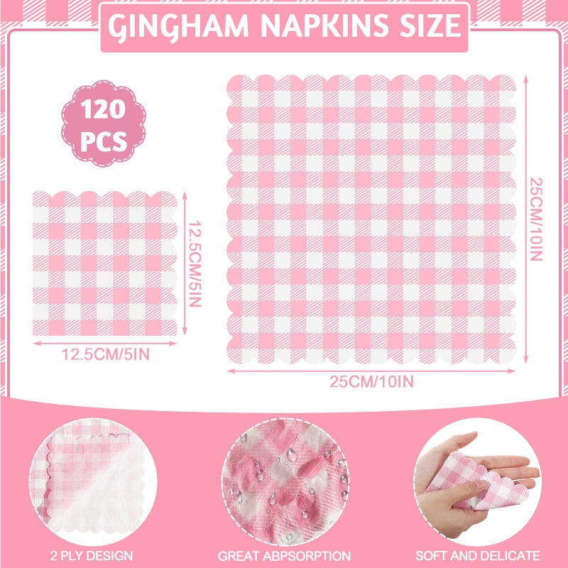 Xiangqu 120 Pcs Pink Gingham Napkins  Pink Baby Shower Napkins Scalloped Cocktail Napkins Disposable Pink Checkered Napkin Plaid Napkins for Valentines  Baby Shower  Tea Party  Picnic  5 x 5 Inches - Image 2