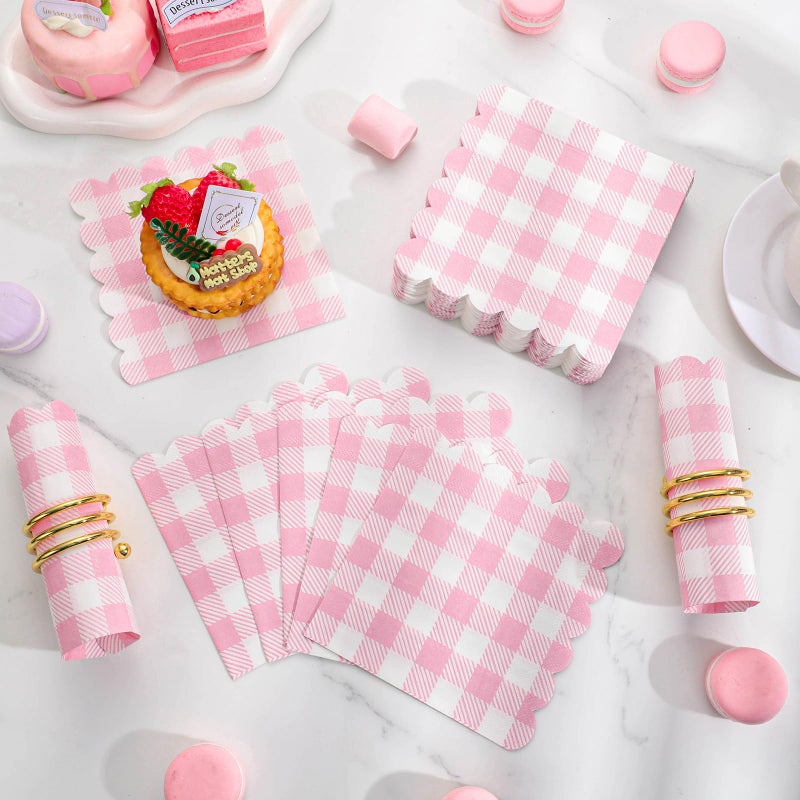 Xiangqu 120 Pcs Pink Gingham Napkins  Pink Baby Shower Napkins Scalloped Cocktail Napkins Disposable Pink Checkered Napkin Plaid Napkins for Valentines  Baby Shower  Tea Party  Picnic  5 x 5 Inches - Image 3