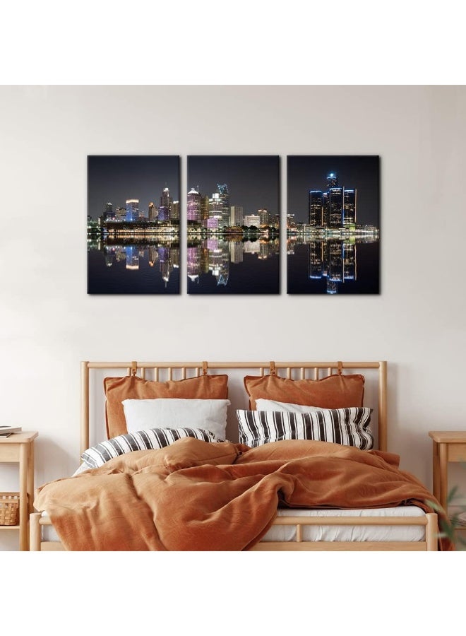 Pacimo 3 Pieces Panoramic Detroit Cityscape Picture Black and White Michigan Night Skyline Canvas Art Prints Wall Decoration for Bedroom Office Stretched and Framed Ready to Hang - 16"x24"x3 Panels - Image 4
