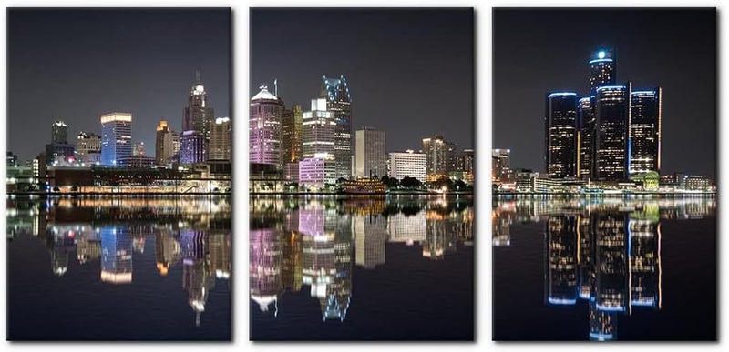 Pacimo 3 Pieces Panoramic Detroit Cityscape Picture Black and White Michigan Night Skyline Canvas Art Prints Wall Decoration for Bedroom Office Stretched and Framed Ready to Hang - 16"x24"x3 Panels - Image 1