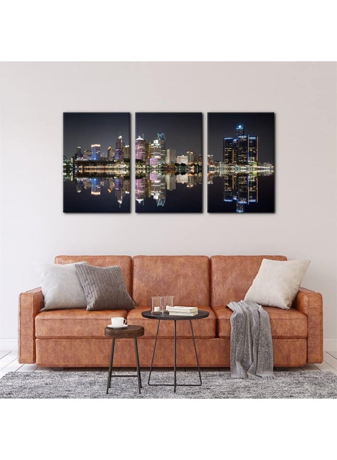 Pacimo 3 Pieces Panoramic Detroit Cityscape Picture Black and White Michigan Night Skyline Canvas Art Prints Wall Decoration for Bedroom Office Stretched and Framed Ready to Hang - 16"x24"x3 Panels - Image 3