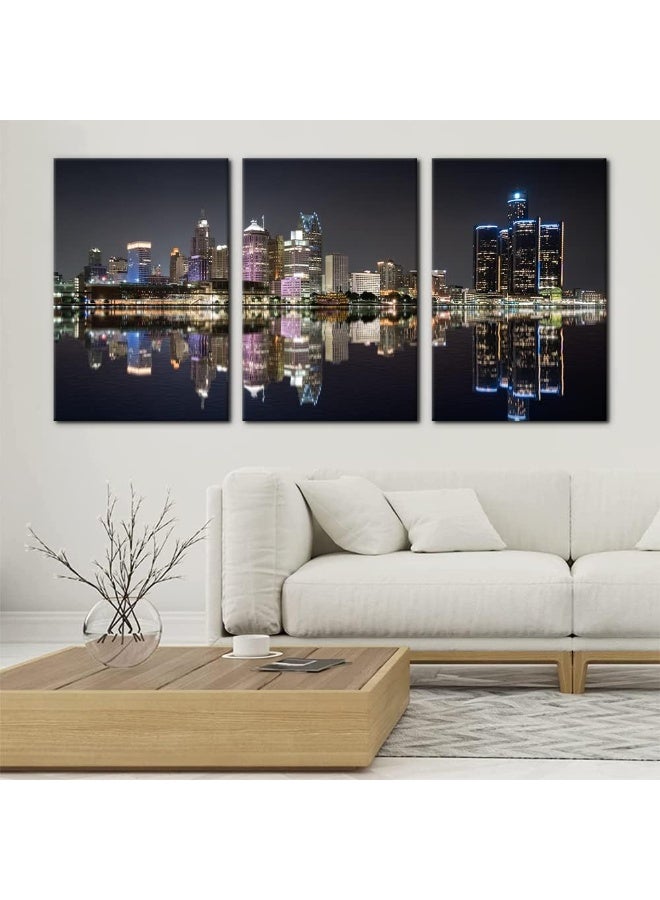 Pacimo 3 Pieces Panoramic Detroit Cityscape Picture Black and White Michigan Night Skyline Canvas Art Prints Wall Decoration for Bedroom Office Stretched and Framed Ready to Hang - 16"x24"x3 Panels - Image 2