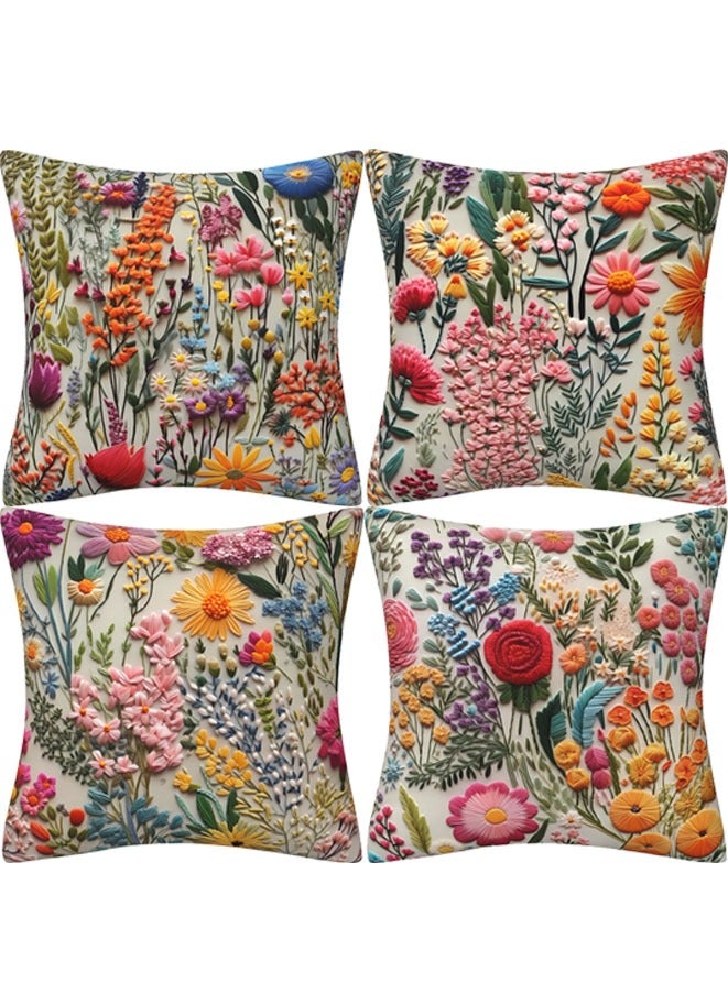3D Faux Embroidery Print 45×45 cm Throw Pillow Cover, Boho Embroidered Floral Decorative Cushion Case, Spring Summer Home Room Couch Decor. - Image 1