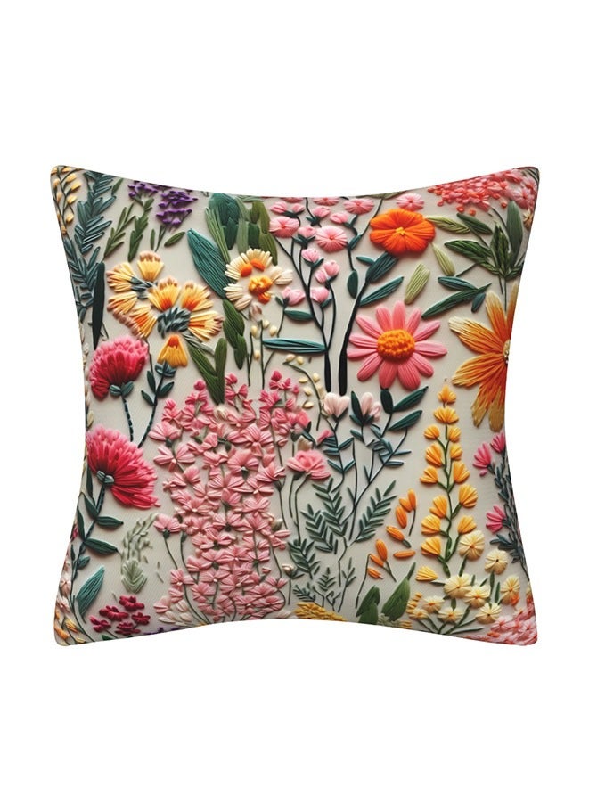 3D Faux Embroidery Print 45×45 cm Throw Pillow Cover, Boho Embroidered Floral Decorative Cushion Case, Spring Summer Home Room Couch Decor. - Image 3
