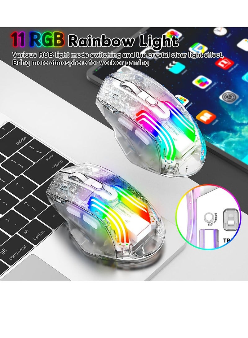 Wireless Gaming Mouse with Transparent Back Shell Tri-Mode 2.4G USB-C Bluetooth Silent Mouse with 5 DPI Levels 6 Buttons 11 Colorful RGB Lights Ergonomic Mouse for Laptop PC Mac Transparent - Image 2