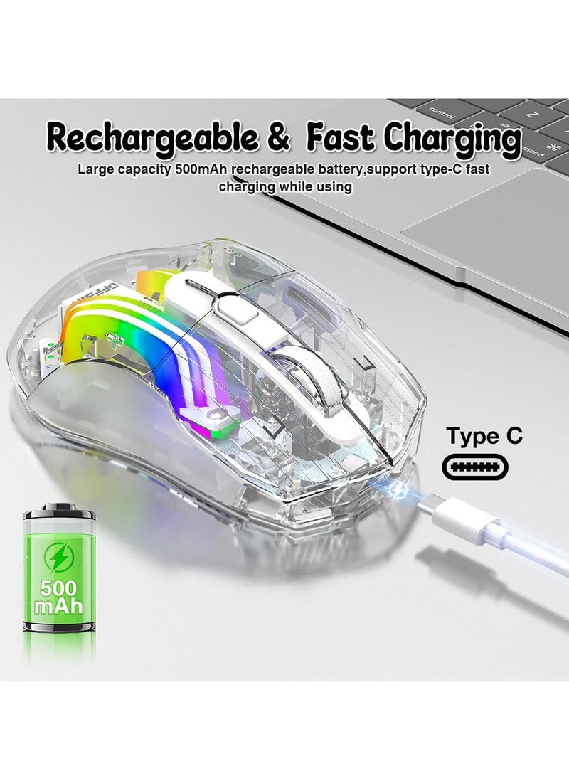 Wireless Gaming Mouse with Transparent Back Shell Tri-Mode 2.4G USB-C Bluetooth Silent Mouse with 5 DPI Levels 6 Buttons 11 Colorful RGB Lights Ergonomic Mouse for Laptop PC Mac Transparent - Image 5