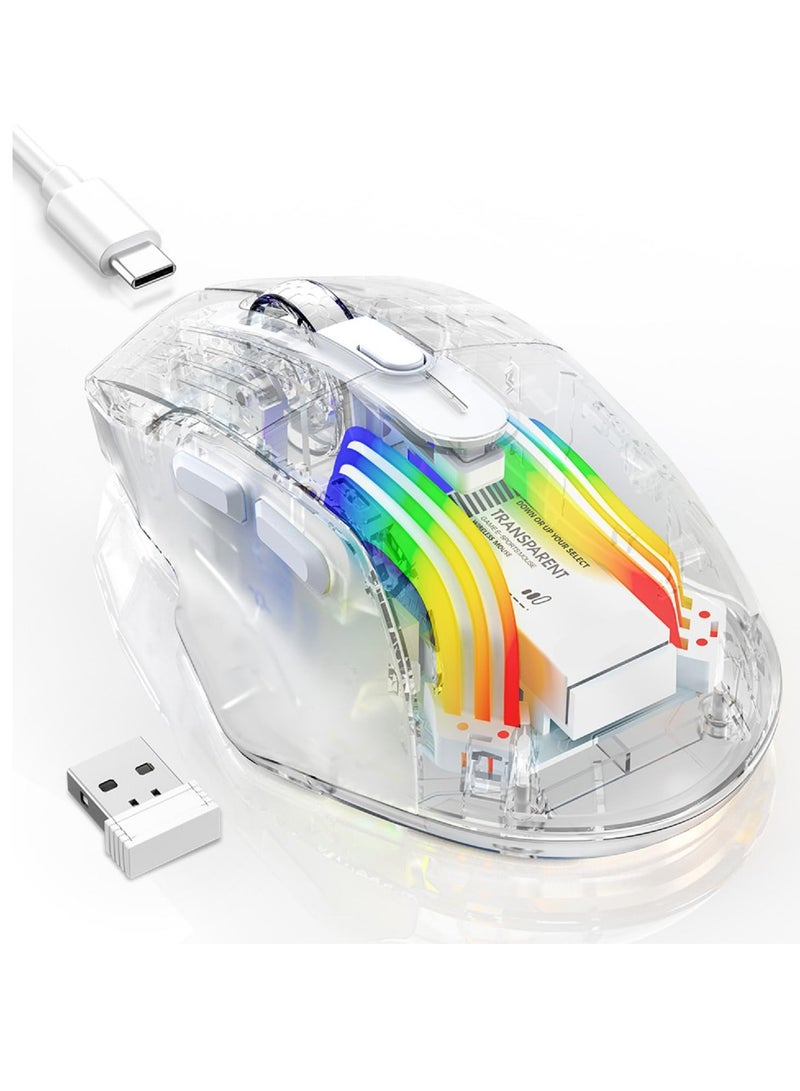 Wireless Gaming Mouse with Transparent Back Shell Tri-Mode 2.4G USB-C Bluetooth Silent Mouse with 5 DPI Levels 6 Buttons 11 Colorful RGB Lights Ergonomic Mouse for Laptop PC Mac Transparent - Image 1