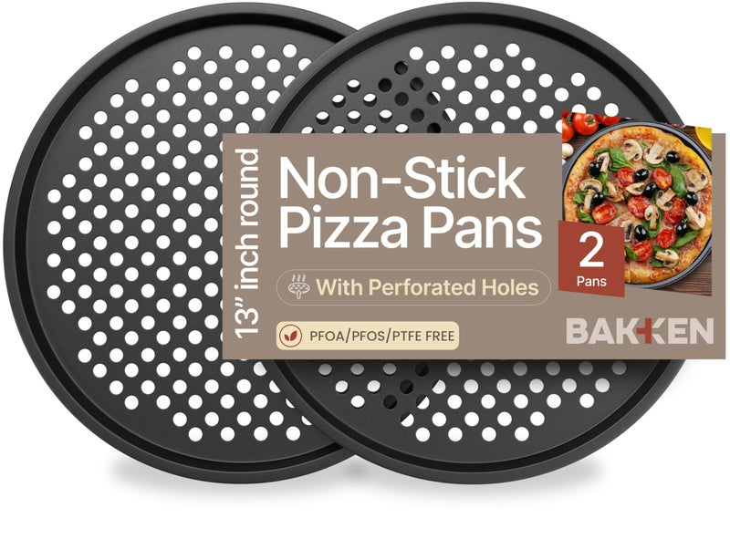 BAKKENMASTER Bakken Swiss NonStick Pizza Pan with Holes  13Inch Perforated Pizza Crisper Carbon Steel Pizza Pan  2 Round Pizza Trays  PFOA PFOS and PTFE Free