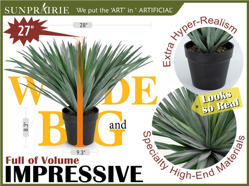 SUNPRAIRIE 27 inches Tall Artificial Agave Plant in Black Pot with Real Stone Pebbles, 126 Realistic Leaves. Large Faux Plants Indoor and Outdoor. - Image 2