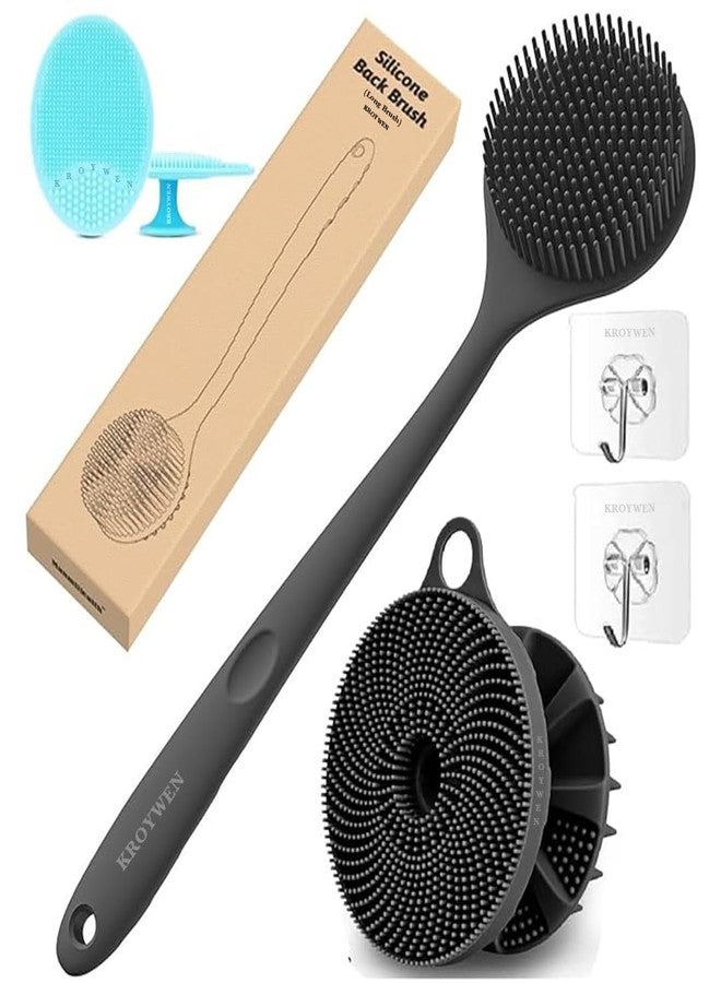 KROYWEN 2in1 Soft Silicone Body Scrubber Bath Brush & Scalp Massager for Hair + Back Scrubber LongHandle Bath Brush+ Face Scrubber Brush, Combination Combo| BPA-Free| for Men and Women(Free Hook 2pic) - Image 1