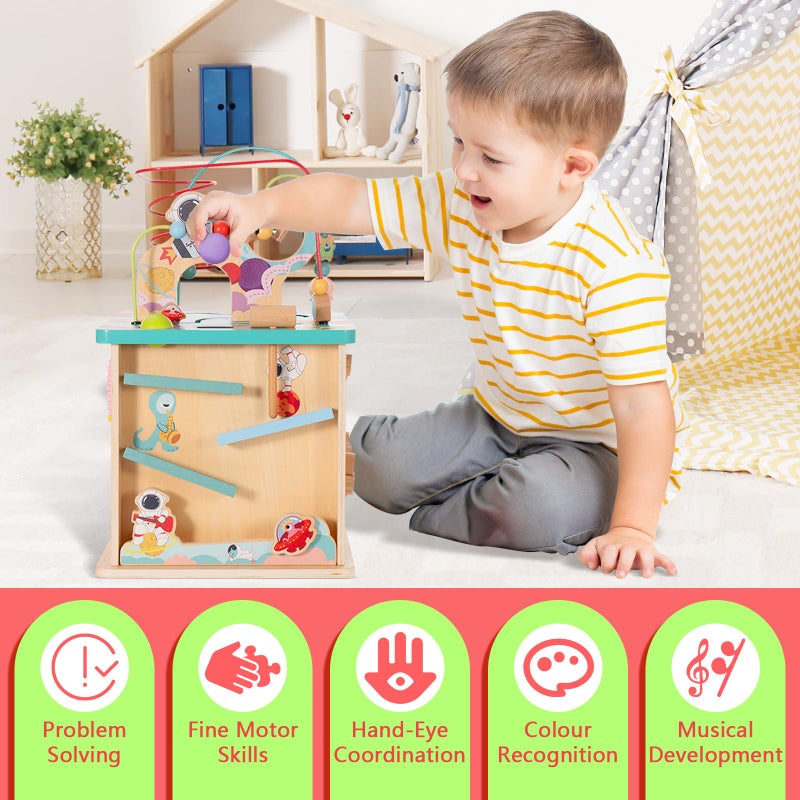 Udeas Pre-Assembled 5 in 1 Wooden Activity Cube. Educational Learning Toy for Kids with Bead Maze, Shape Sorter and Music Gears. for Toddlers 18 Month+. Birthday Gifts for Boys and Girls - Image 3
