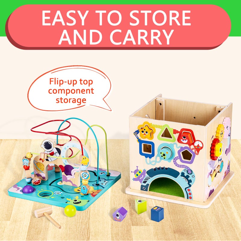 Udeas Pre-Assembled 5 in 1 Wooden Activity Cube. Educational Learning Toy for Kids with Bead Maze, Shape Sorter and Music Gears. for Toddlers 18 Month+. Birthday Gifts for Boys and Girls - Image 4