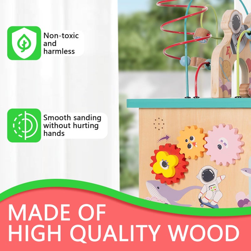 Udeas Pre-Assembled 5 in 1 Wooden Activity Cube. Educational Learning Toy for Kids with Bead Maze, Shape Sorter and Music Gears. for Toddlers 18 Month+. Birthday Gifts for Boys and Girls - Image 5