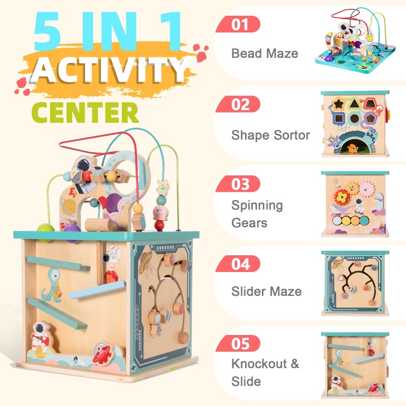 Udeas Pre-Assembled 5 in 1 Wooden Activity Cube. Educational Learning Toy for Kids with Bead Maze, Shape Sorter and Music Gears. for Toddlers 18 Month+. Birthday Gifts for Boys and Girls - Image 2