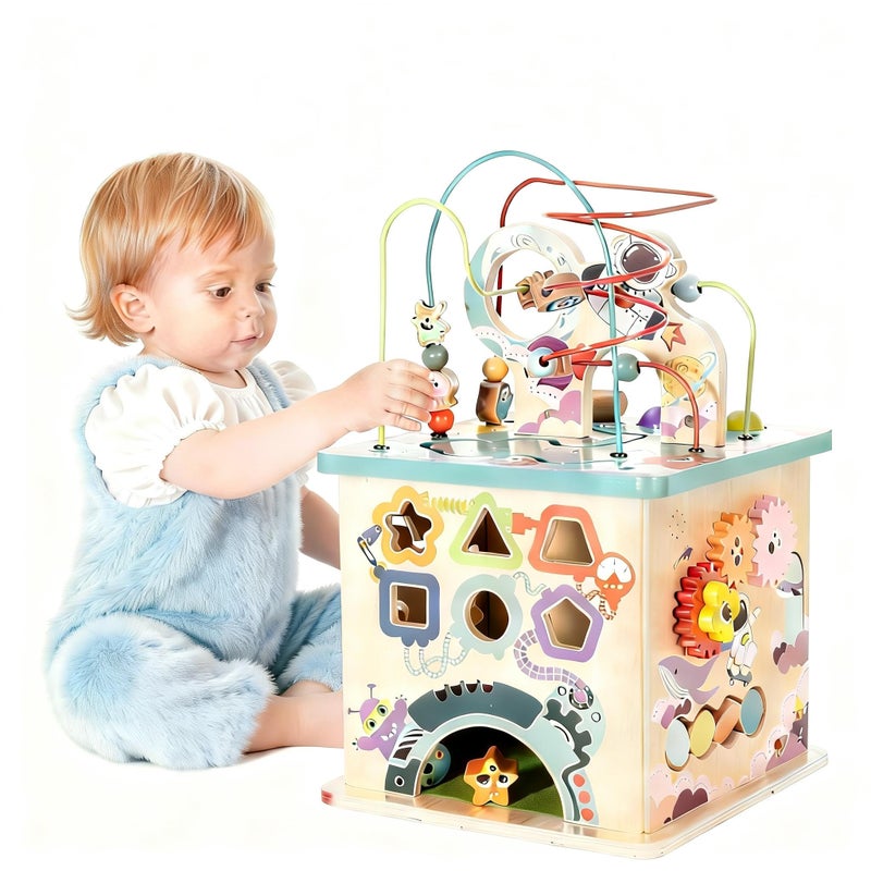Udeas Pre-Assembled 5 in 1 Wooden Activity Cube. Educational Learning Toy for Kids with Bead Maze, Shape Sorter and Music Gears. for Toddlers 18 Month+. Birthday Gifts for Boys and Girls - Image 1