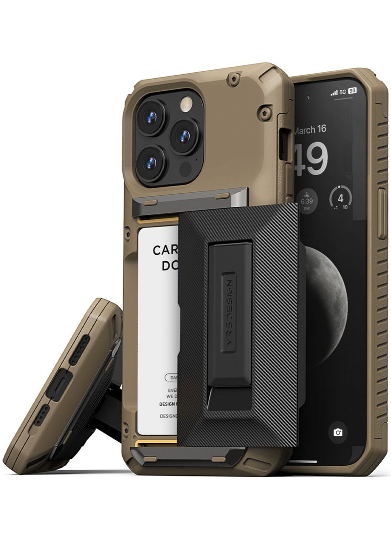 VRS Design Damda Glide Hybrid iPhone 15 Pro MAX Case Cover Wallet with Semi Automatic Credit Card Holder Slot [3-4 Cards] & Kickstand - Khaki Groove  - Image 1