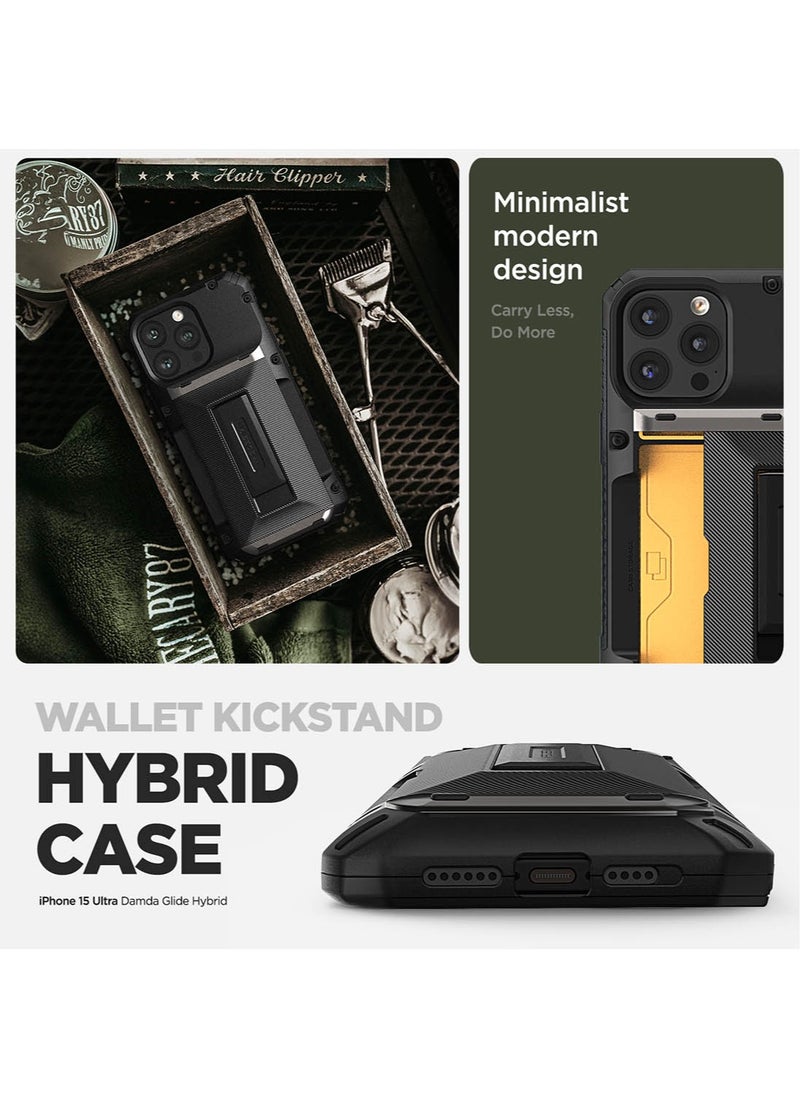 VRS Design Damda Glide Hybrid iPhone 15 Pro MAX Case Cover Wallet with Semi Automatic Credit Card Holder Slot [3-4 Cards] & Kickstand - Khaki Groove  - Image 3