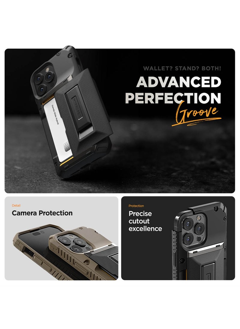 VRS Design Damda Glide Hybrid iPhone 15 Pro MAX Case Cover Wallet with Semi Automatic Credit Card Holder Slot [3-4 Cards] & Kickstand - Khaki Groove  - Image 4