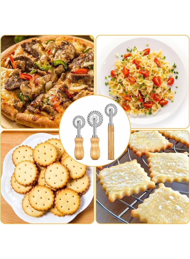 NANAO مجموعة من 3 أدوات لف العجينة، بمقبض خشبي طويل وقصير، عجلة عجينة مسننة، عجلة عجينة متموجة لملحقات المطبخ لصنع المعكرونة، صنع الزلابية (ثلاثة أحجام) - Image 4