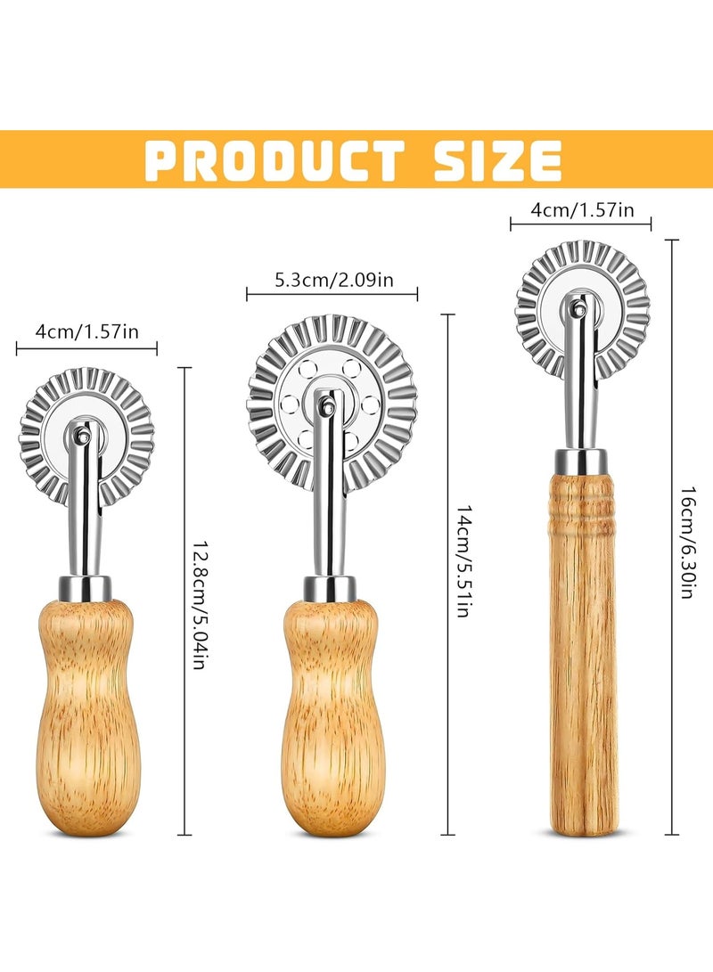 NANAO مجموعة من 3 أدوات لف العجينة، بمقبض خشبي طويل وقصير، عجلة عجينة مسننة، عجلة عجينة متموجة لملحقات المطبخ لصنع المعكرونة، صنع الزلابية (ثلاثة أحجام) - Image 2