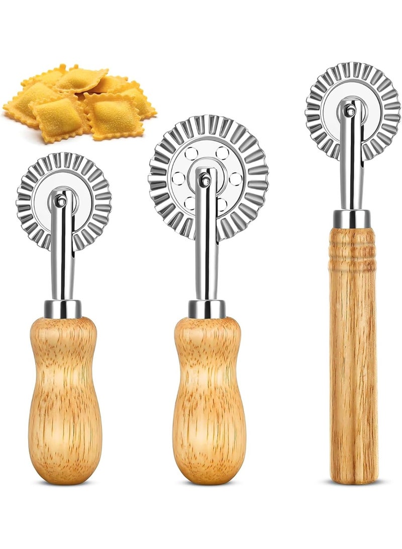 NANAO مجموعة من 3 أدوات لف العجينة، بمقبض خشبي طويل وقصير، عجلة عجينة مسننة، عجلة عجينة متموجة لملحقات المطبخ لصنع المعكرونة، صنع الزلابية (ثلاثة أحجام) - Image 1