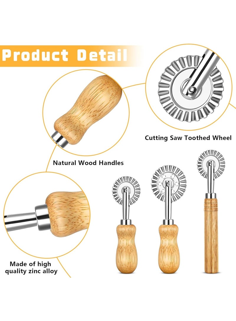 NANAO مجموعة من 3 أدوات لف العجينة، بمقبض خشبي طويل وقصير، عجلة عجينة مسننة، عجلة عجينة متموجة لملحقات المطبخ لصنع المعكرونة، صنع الزلابية (ثلاثة أحجام) - Image 3