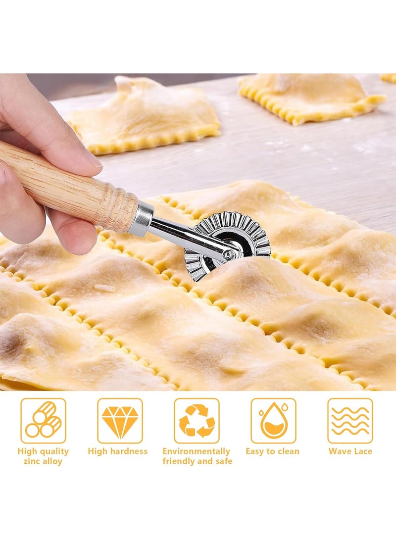 NANAO مجموعة من 3 أدوات لف العجينة، بمقبض خشبي طويل وقصير، عجلة عجينة مسننة، عجلة عجينة متموجة لملحقات المطبخ لصنع المعكرونة، صنع الزلابية (ثلاثة أحجام) - Image 5