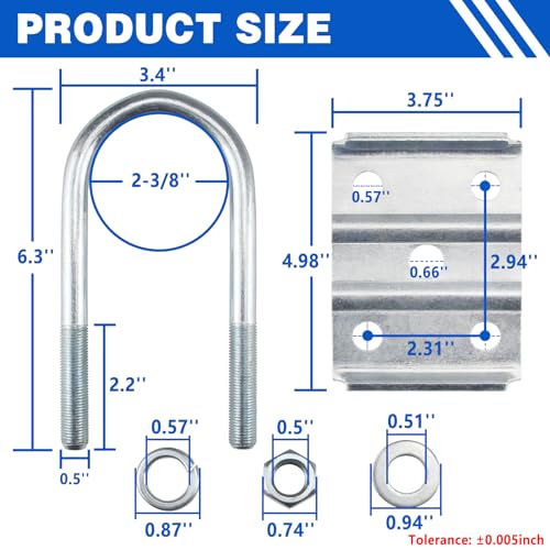 GREPSPUD 1Set Trailer U Bolt Kit for 3500 lbs 2-3/8" Round Axle, 6-1/4" Long, 1/2” Diameter, Trailer Axle U Bolts Leaf Spring U-Bolt Kits for 3,500lbs Spindle - Image 2