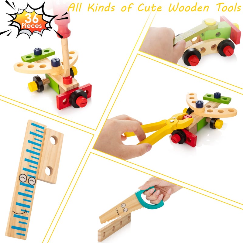 KIDWILL Tool Kit for Kids, 36-Piece Wooden Toddler Tools Set Includes Tool Box, Montessori Educational Stem Construction Toys for 2 3 4 5 6 Year Old Boys Girls, Best Birthday Gift for Kids - Image 3