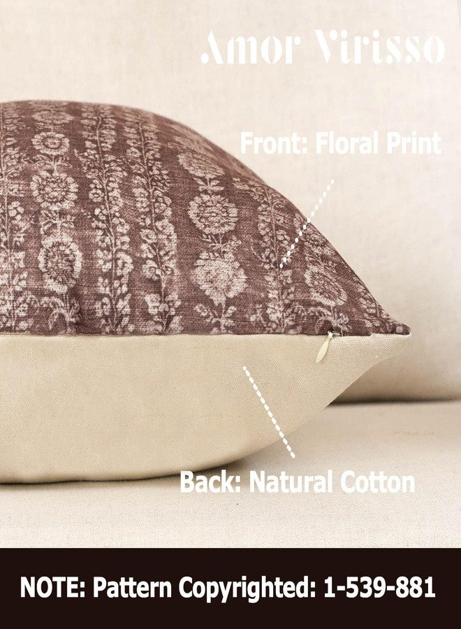 Amor Virisso Vintage Floral Throw Pillow Covers 18x18 Striped Farmhouse Block Print Pillow Cover Boho Neutral Decorative Pillows for Living Room Bed, Brown - Image 2