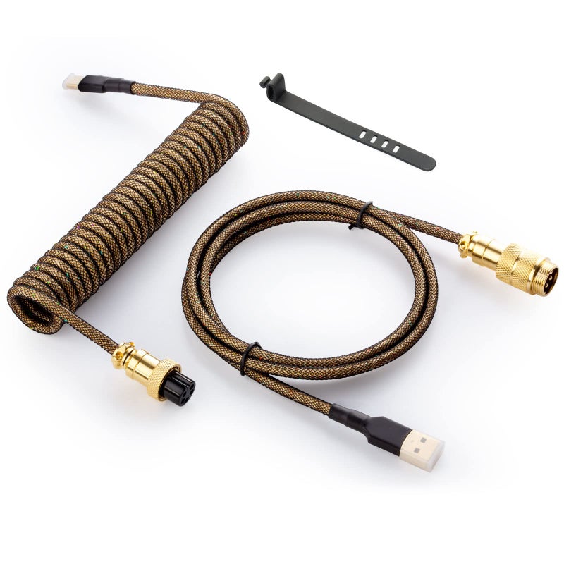 GUNMJO Starlight Coiled USB C Cable for Gaming Keyboard, Double-Sleeved Mechanical Keyboard Cable with Detachable Metal Aviator, 1.5M USB-C to USB-A, Black Color with Gold Aviator Connector - Image 1