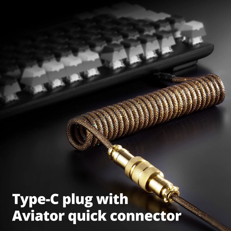 GUNMJO Starlight Coiled USB C Cable for Gaming Keyboard, Double-Sleeved Mechanical Keyboard Cable with Detachable Metal Aviator, 1.5M USB-C to USB-A, Black Color with Gold Aviator Connector - Image 3
